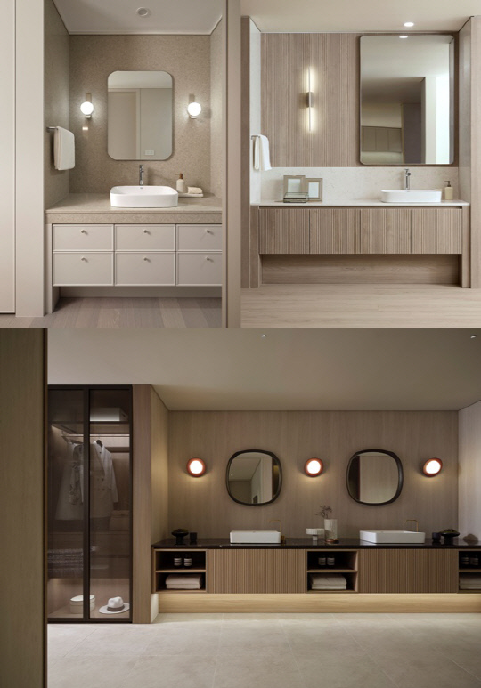 DL이앤씨 '디 셀렉션' 소프트 클래식, 모던 내추럴 스타일 파우더룸 비교(위쪽)와 '디 셀렉션 하우스' 욕실. [DL이앤씨 제공]